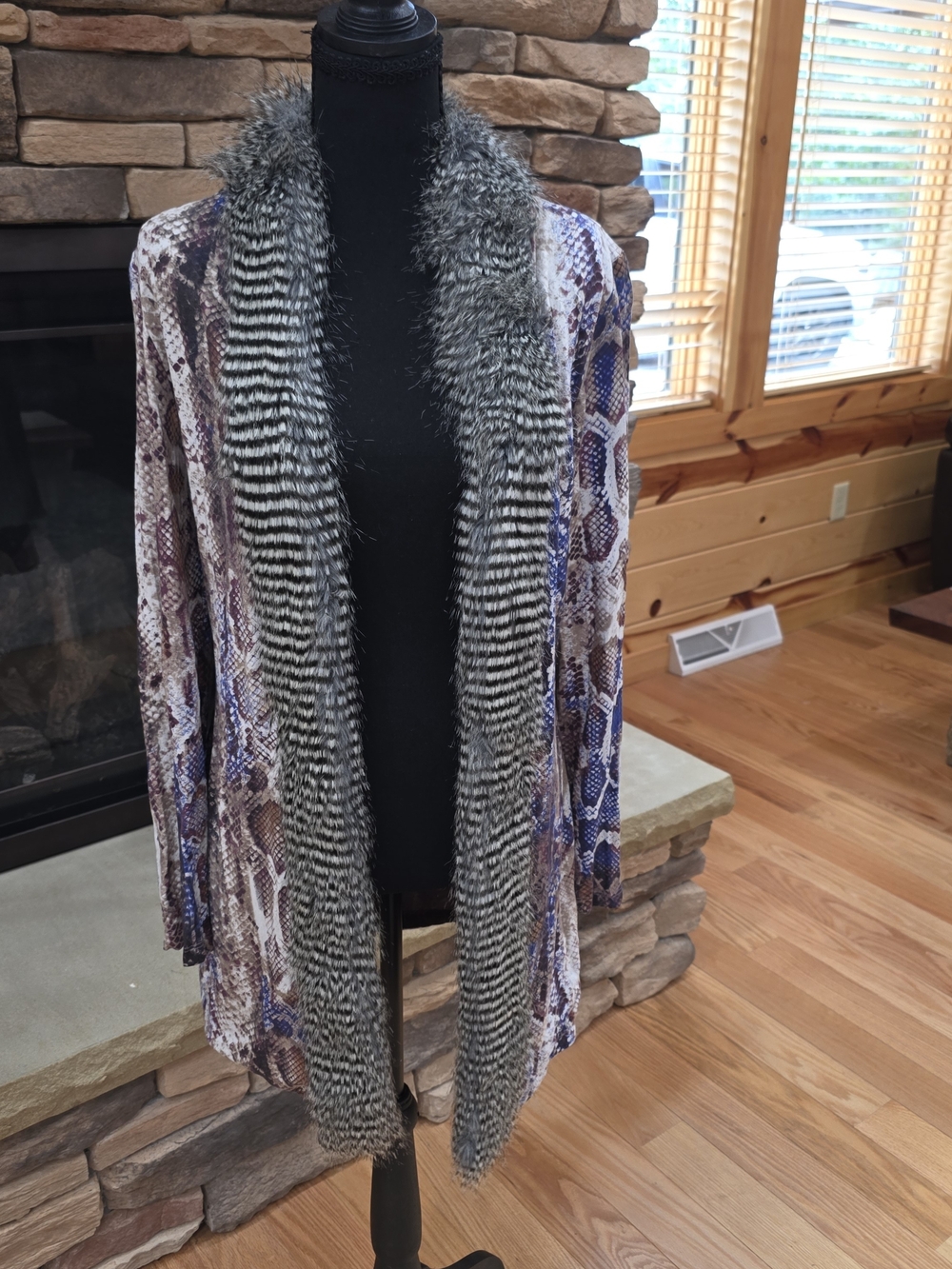 Alberto Makali Snake Print Open Cardigan with Faux Fur Trim - Gray/Brown/Blue Sm